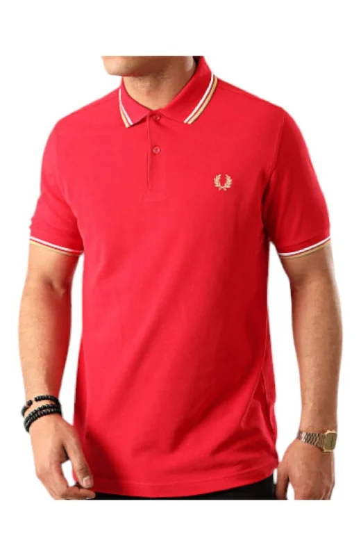 Men's short-sleeve sleek neutral-casual-faint-pattern shirt-Men's Twin Tipped Polo Shirt In Red/white/gold