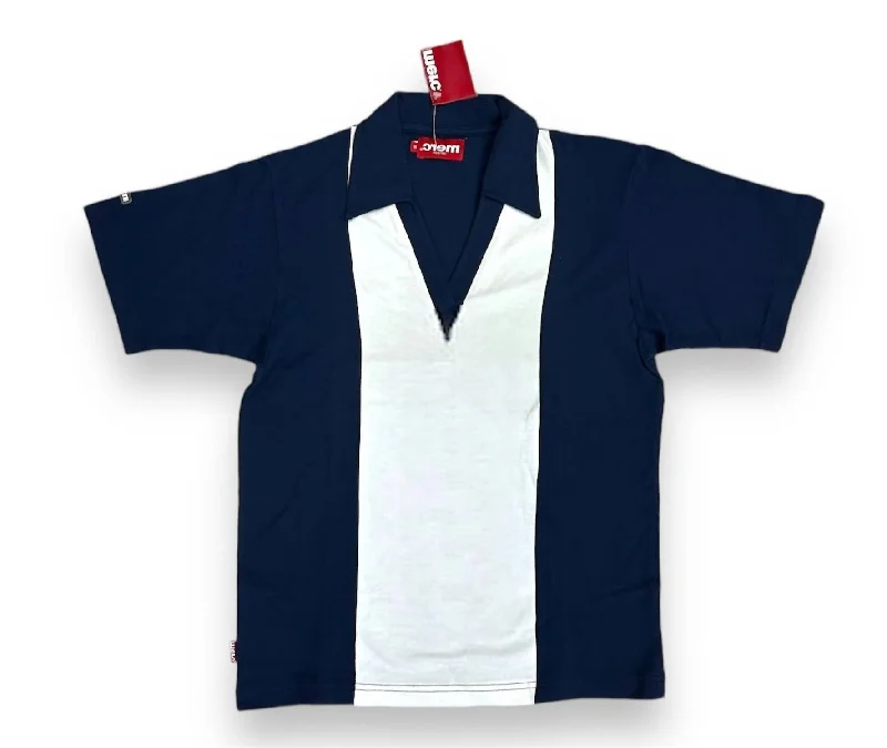 Men's short-sleeve cool steel shirt-Men's V Neck Polo Shirt In Navy And White