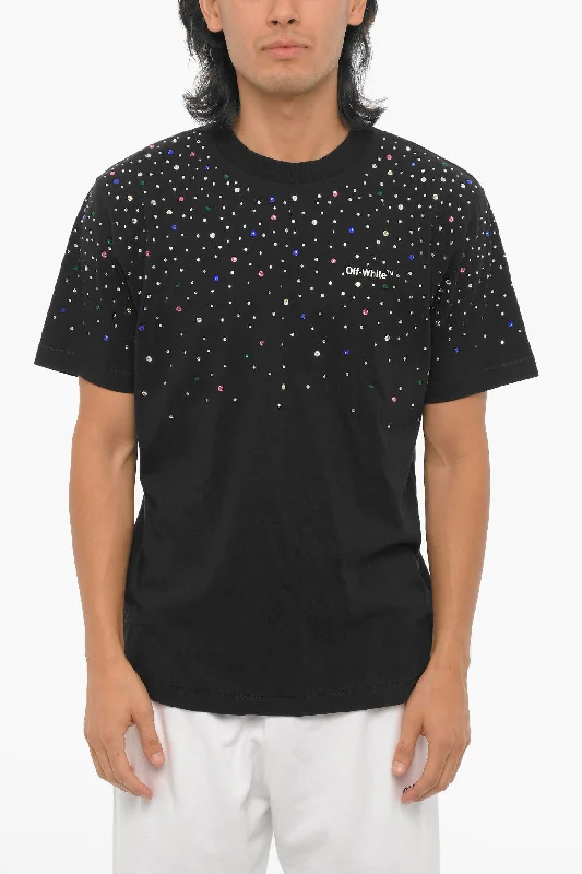 Men's short-sleeve rich sporty-subtle-rally top-Off-White Crewneck T-Shirt Embellished with Rhinestones