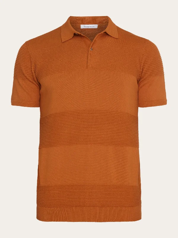 Men's short-sleeve sporty subtle-soft-trendy-crisp-textured top-Regular pattern knitted short sleeved polo - GOTS/Vegan - Leather Brown