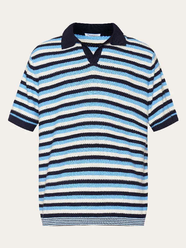 Men's short-sleeve fresh modern-vibrant-fair-trade-jute shirt-Regular short sleeve striped knitted polo - GOTS/Vegan - Blue stripe