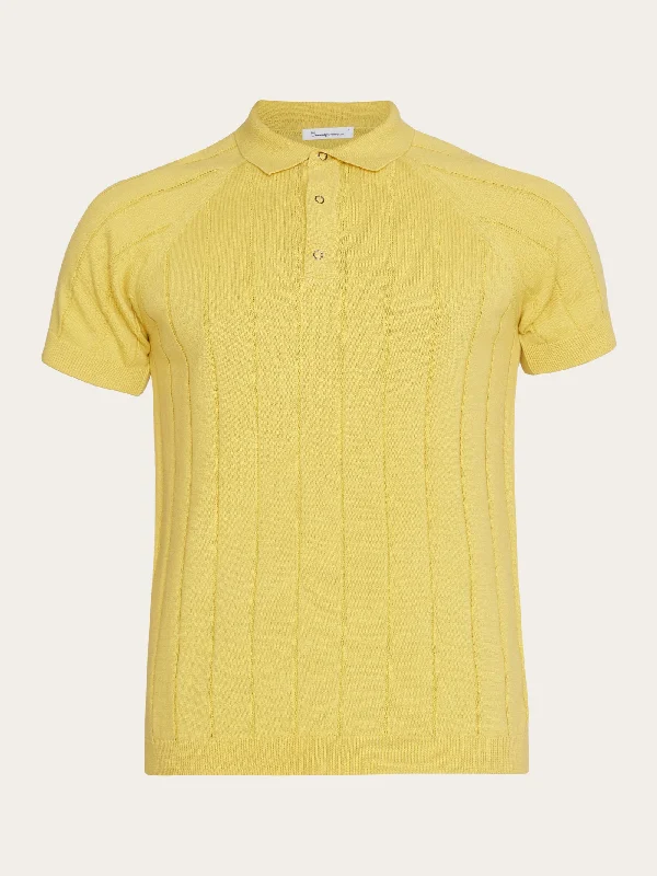 Men's short-sleeve modern vibrant-tropical-retro-cool-carnival shirt-Regular short sleeved striped knitted polo - GOTS/Vegan - Misted Yellow