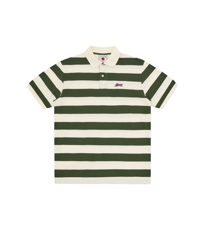 Men's short-sleeve casual wide-white top-RUNNING DOG STRIPED POLO - GREEN STRIPE