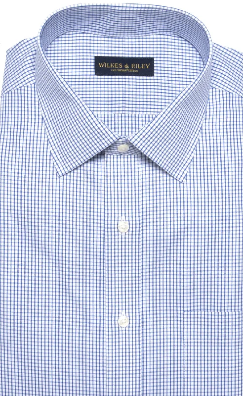 Men's short-sleeve rugged urban-boating tee-Slim Fit White Ground Blue Check Spread Collar Supima® cotton Non-Iron Pinpoint Oxford Dress Shirt