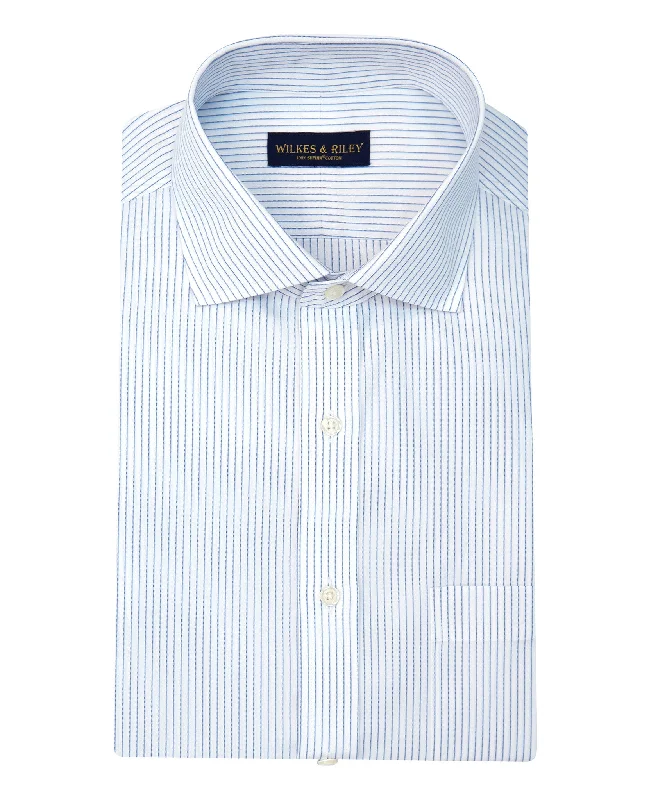 Men's short-sleeve subtle soft-cookout top-Slim Fit White Ground Blue Stripe English Spread Collar Supima® Cotton Non-Iron Broadcloth Dress Shirt