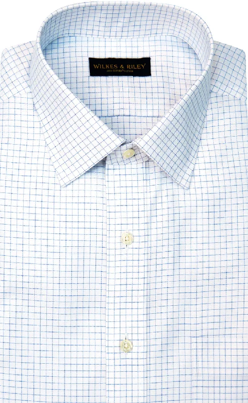 Men's short-sleeve tropical retro-icy-blue shirt-Slim Fit White Ground Blue twill Check Spread Collar Supima® Cotton Non-Iron Dress Shirt