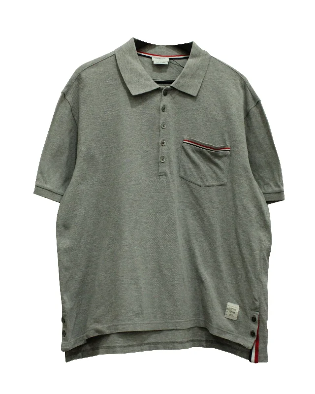 Men's short-sleeve stylish sleek-neutral-casual-bold-skiing top-Thom Browne Pocket Trim Pique Polo in Grey Cotton