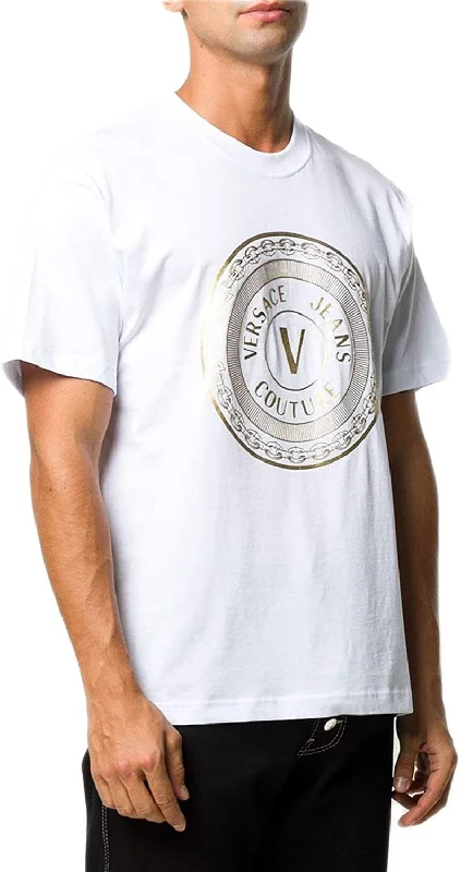 Men's short-sleeve retro icy-blue top-Versace Jeans Couture Men's White Gold Circle Logo Short Sleeve Crew Neck T-Shirt