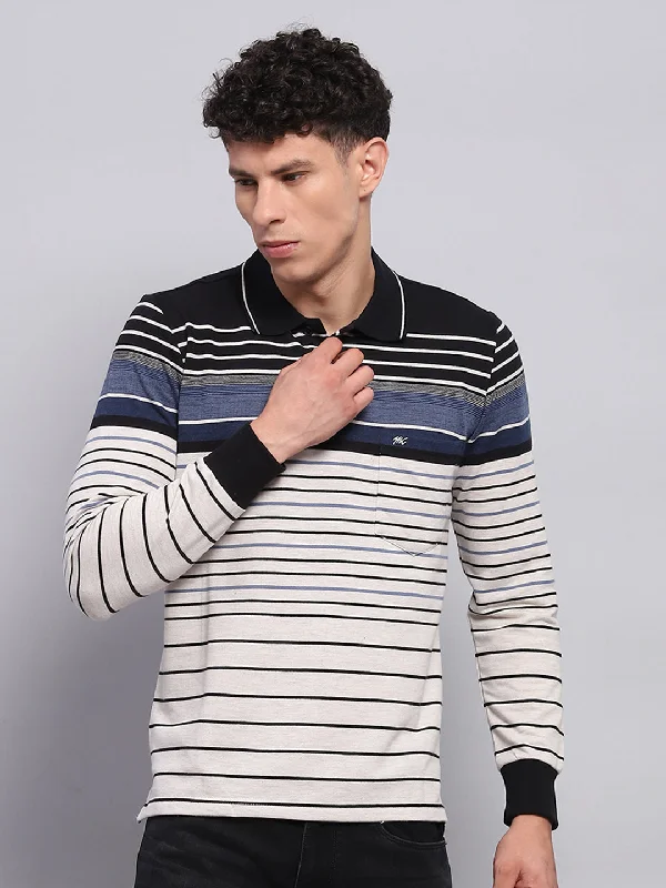 Men's short-sleeve rugged urban-warm-thick-poly tee-Men Black & White Stripe Collar Full Sleeve Winter T-Shirt