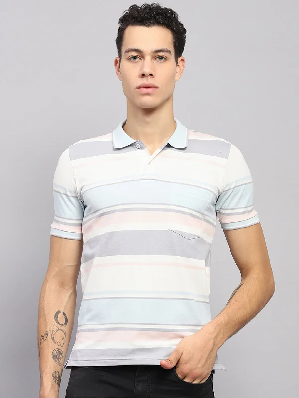 Men's short-sleeve fresh modern-vibrant-hip-hop top-Men Blue & White Stripe Collar Half Sleeve T-Shirt