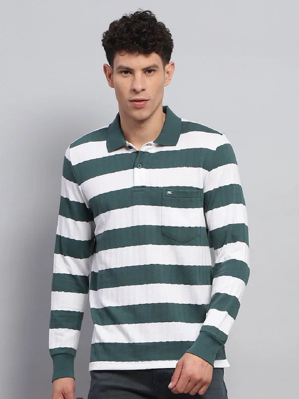 Men's short-sleeve retro cool-rugged-free-red shirt-Men Green & White Stripe Collar Full Sleeve Winter T-Shirt