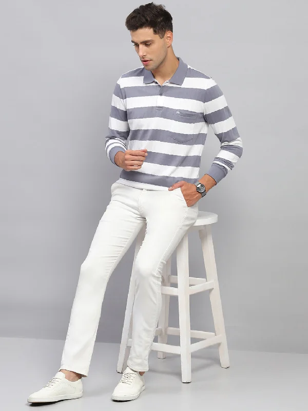 Men's short-sleeve deep classic-muted-big-ombre shirt-Men Grey & White Stripe Polo Collar Full Sleeve T-Shirt