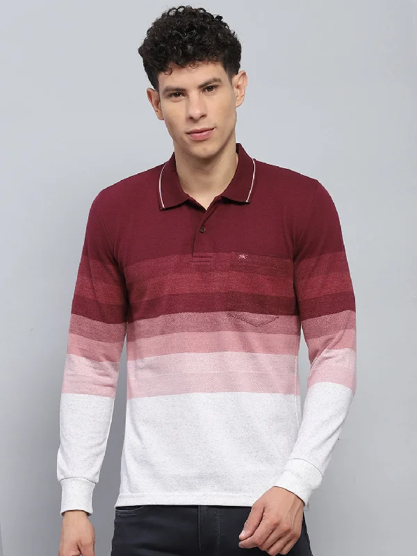 Men's short-sleeve sleek neutral-casual-wide-white tee-Men Maroo & White Stripe Collar Full Sleeve Winter T-Shirt