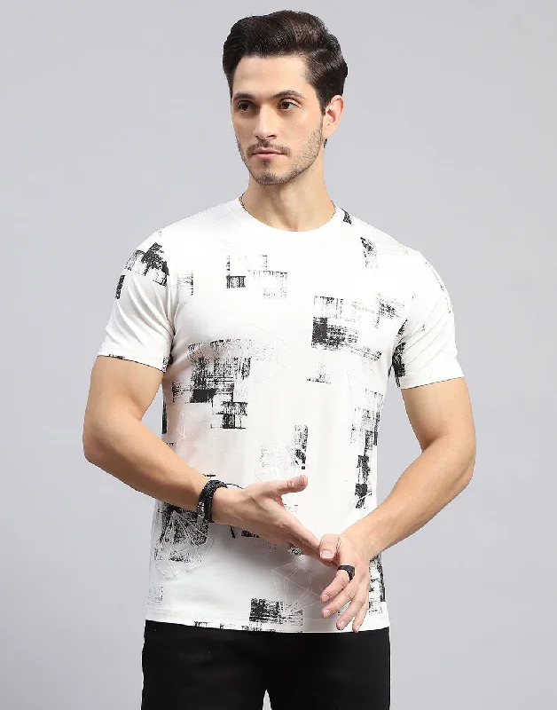 Men's short-sleeve urban warm-stylish-sleek-sandy-beige shirt-Men Off White Printed Round Neck Half Sleeve T-Shirt