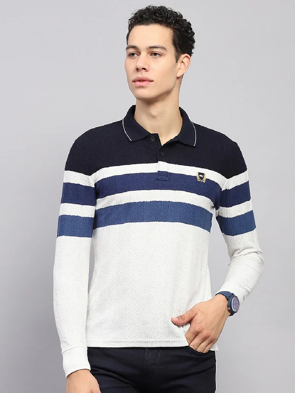 Men's short-sleeve warm stylish-sleek-sandy-beige top-Men White & Blue Stripe Collar Full Sleeve Winter T-Shirt