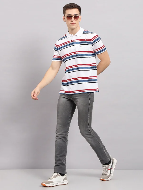 Men's short-sleeve subtle soft-trendy-cool-lime shirt-Men White & Blue Stripe Collar Half Sleeve T-Shirt