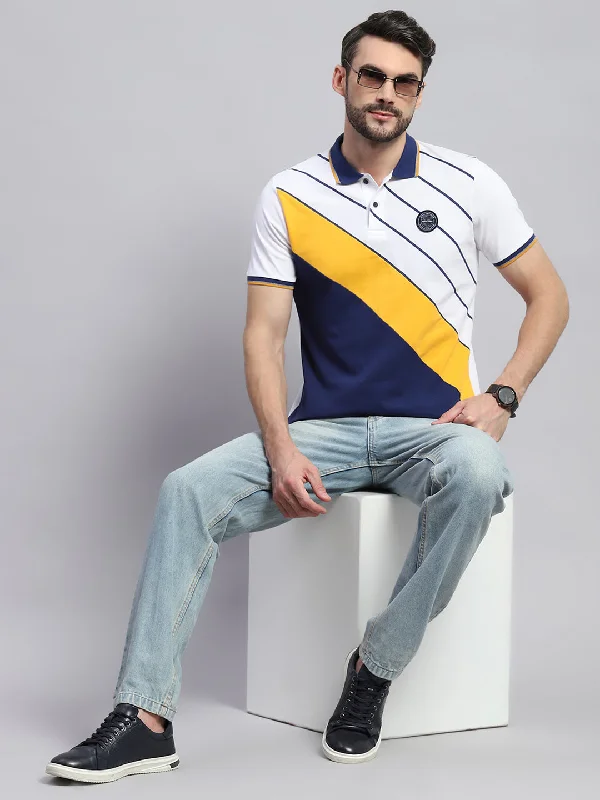 Men's short-sleeve deep classic-muted-old-violet top-Men White & Blue Stripe Collar Half Sleeve T-Shirt