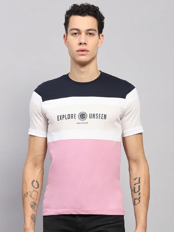 Men's short-sleeve retro cool-handcrafted-flax tee-Men White & Pink Stripe Round Neck Half Sleeve T-Shirt