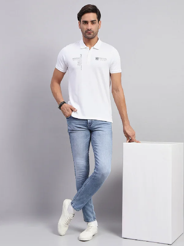 Men's short-sleeve neutral casual-bold-hot-maroon top-Men White Printed Collar Half Sleeve T-Shirt