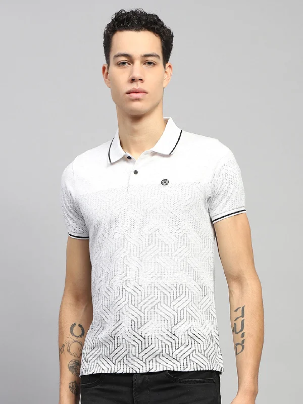 Men's short-sleeve bright deep-classic-angling top-Men White Printed Collar Half Sleeve T-Shirt