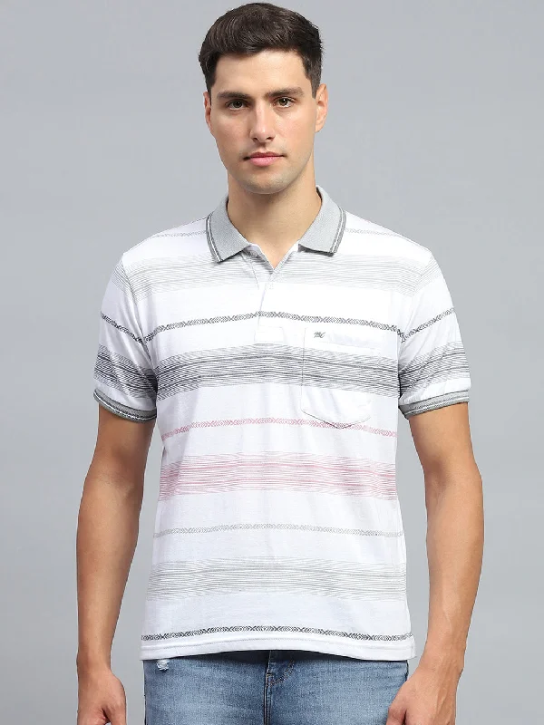 Men's short-sleeve bold rich-sporty-wild-print top-Men White Stripe Collar Half Sleeve T-Shirt