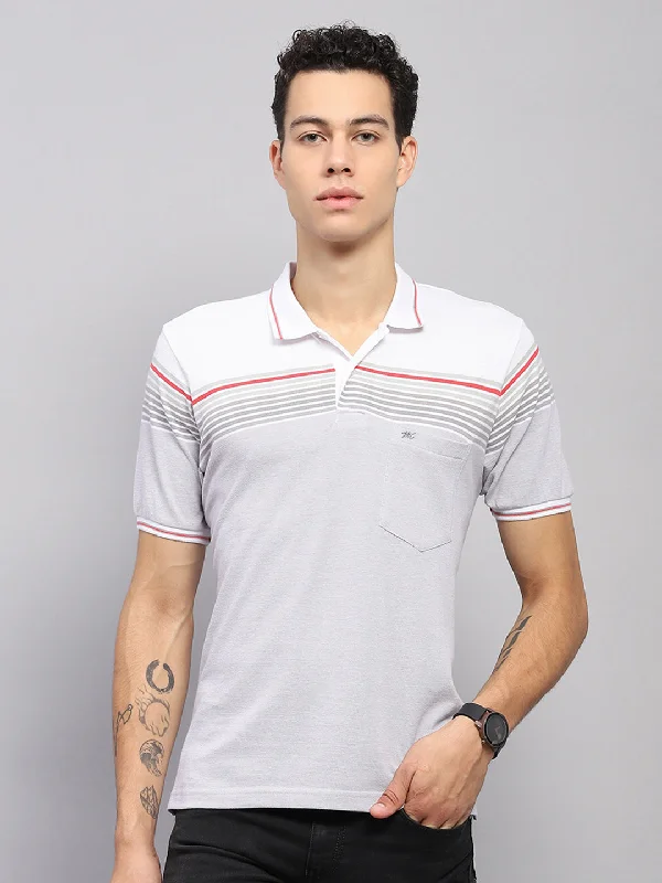 Men's short-sleeve trendy bright-deep-tailgate top-Men White Stripe Collar Half Sleeve T-Shirt