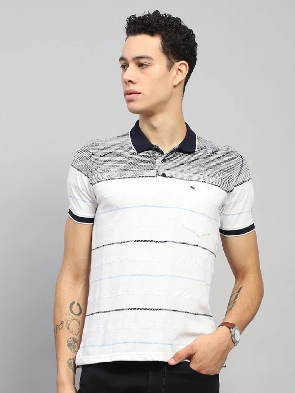 Men's short-sleeve stylish sleek-neutral-EDM top-Men White Stripe Collar Half Sleeve T-Shirt