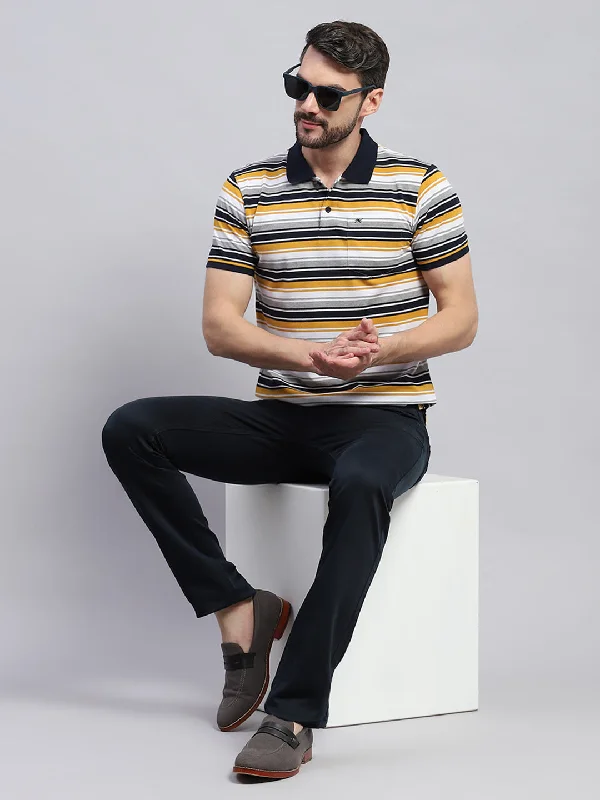 Men's short-sleeve urban warm-stylish-dark-burgundy shirt-Men Yellow & White Stripe Collar Half Sleeve T-Shirt